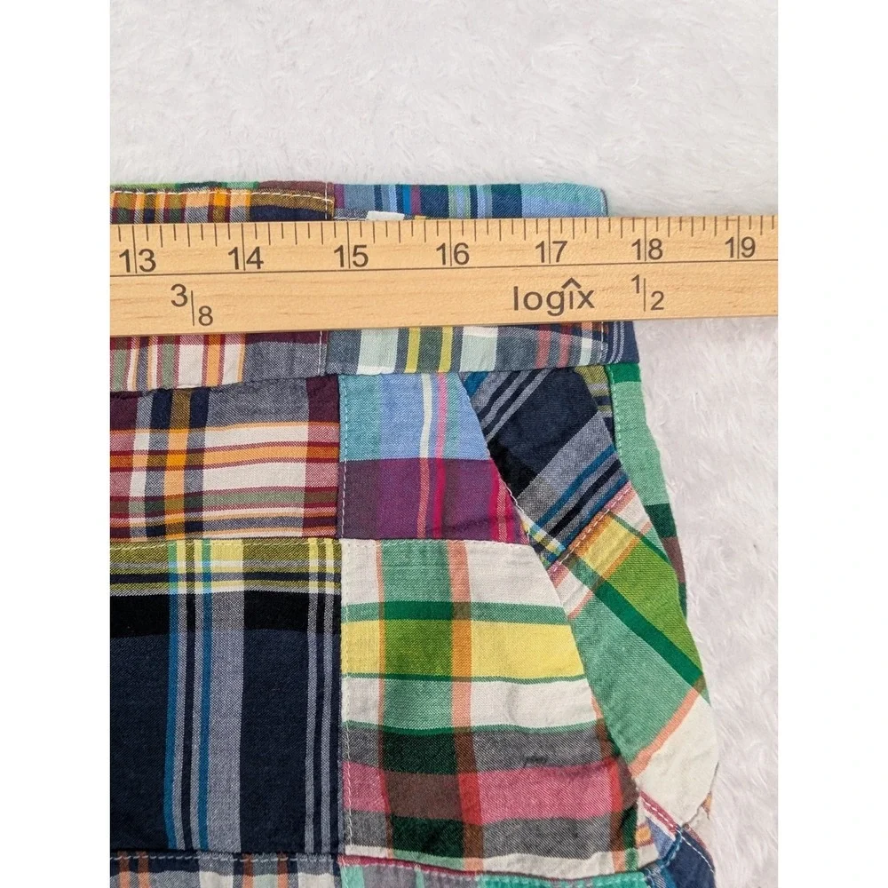 J.Crew Mini Skirt 12 Patchwork Plaid Madras Navy Multicolor Cotton Pocket - Picture 6 of 10